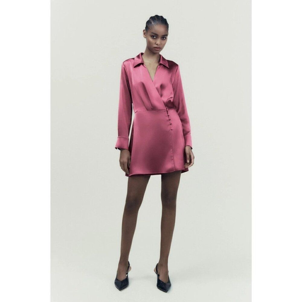 Zara Womens Mini Romper Dress L Pink Long sleeve satin effect 2231/845 NWT